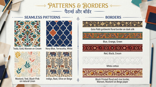Traditional indian decorative patterns and ornate borders featuring ethnic motifs floral designs geometric shapes elephants goldwork navy blue teal mustard red colors arranged nicely on paper with fab