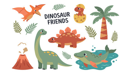 Cute cartoon dinosaur character collection. Brachiosaurus, stegosaurus, pterodactyl, volcano, palm tree, baby egg and prehistoric tropical leaves. © Raihan