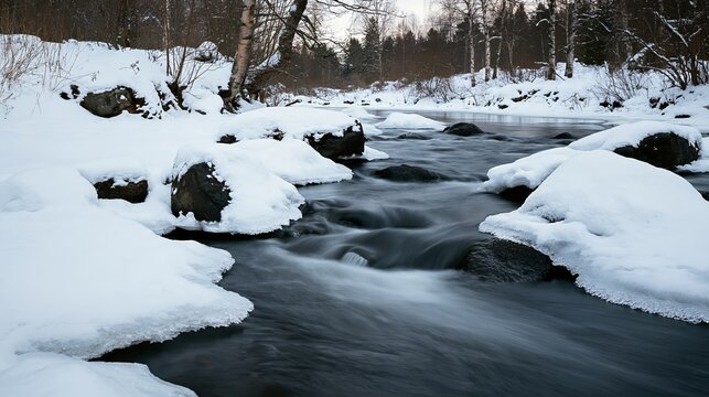 Small river flowing between snow-covered rocks in winter scene on a cold day in nature setting