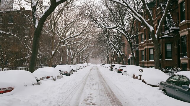 Winter city street after heavy snowfall with snow-covered cars and bare trees on a quiet urban road during winter season