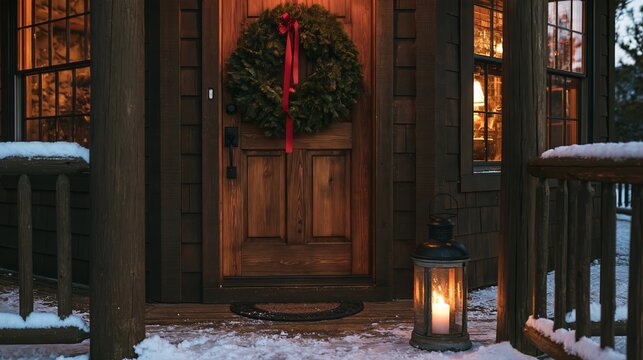 Rustic wooden front door with evergreen wreath and lantern during winter on porch with snow