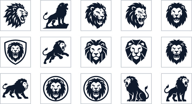 Lion Logo and Mascot Icon Set with Powerful Roaring Big Cat Heads, Geometric Badges, and Wild Animal Silhouettes for Sports and Corporate Branding