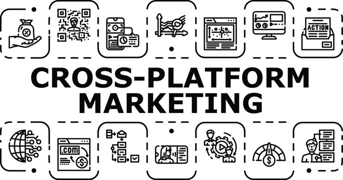 Cross-platform marketing banner infographic. Multichannel strategy, targeting socialmedia, analytics visibility icon vector illustration