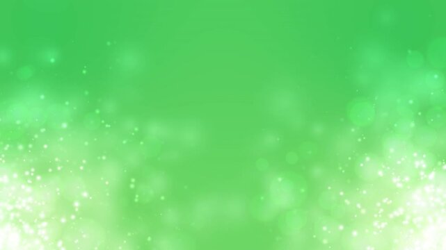 Seamless looping green abstract background featuring glowing white bokeh particles and sparkling light bursts spreading from both bottom corners. Ideal for presentations, celebrations, festive designs