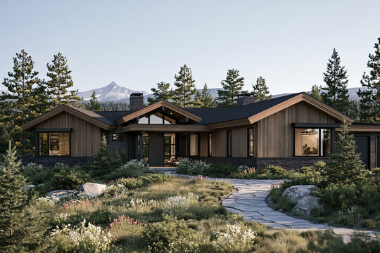 Mountain Modern single-family home with cedar siding and stone accents, surrounded by wildflowers and distant snow-capped peaks in morning light