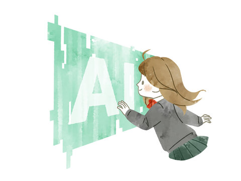 デジタル画面でAIと向き合う女子生徒-水彩