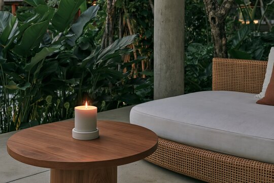 Lit candle in a ceramic holder on a teak table beside a rattan daybed in a Tropical Modernism lounge area surrounded by lush greenery