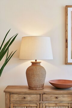 Woven ceramic table lamp with warm light on wooden console in calm interior