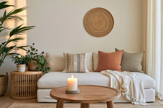 Boho living room with cream sofa, plants, candle, woven decor and round wooden table