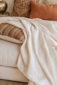 White textured blanket draped over patterned cushion in warm bohemian living room