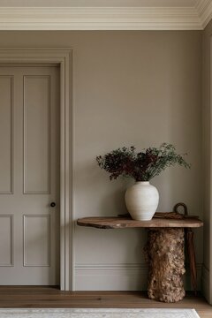 Sculptural burl wood console with stoneware vase and umbrella in elegant foyer setting