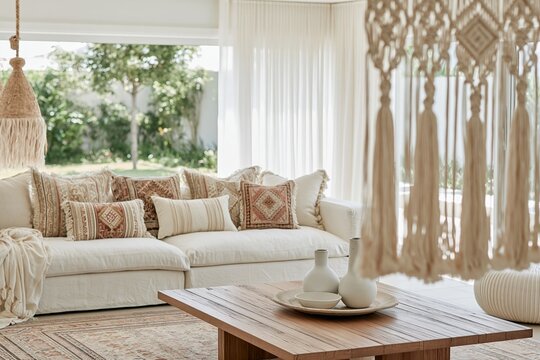 Macrame fringe framing a light sofa with patterned cushions in bohemian living room