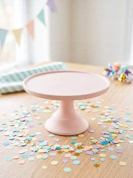 Pink empty cake stand on wooden table with colorful confetti