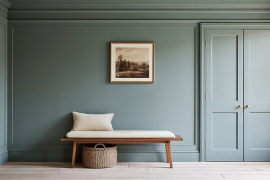 Mudroom with dusty stone blue walls, oak bench, and woven basket in a minimalist interior design