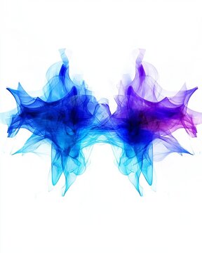 Abstract Energetic Waveform Visualization Abstract Symmetrical Vortex in Blue and Purple Hues with Ethereal Smoke-Like Patterns on White Background