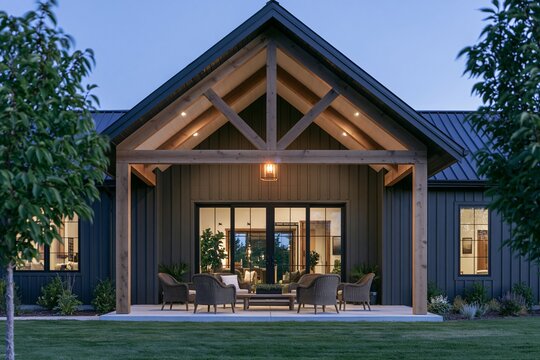 Modern barn home with dark siding and timber-frame porch illuminated by warm lantern light