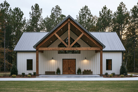 Modern barn home with timber-framed porch and cream metal siding in forested setting