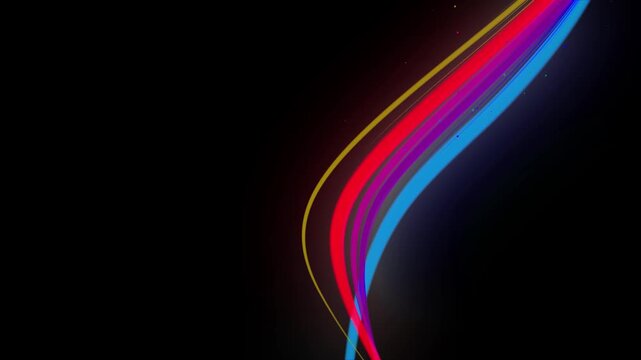 3d render VJ Loop particles Dynamic multicolored neon streamers animate across backgrounds seamlessly. Vibrant neon colored ribbons sweep across dark backgrounds with sparkling particles and swift