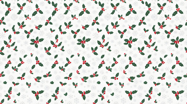 Seamless festive winter holiday pattern featuring vibrant green holly leaves and bright red berries combined with delicate white snowflakes creating a cheerful seasonal graphic design background for s