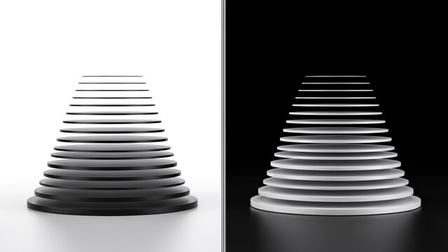 Two conical structures made of stacked circular discs, one black on a white background, and one white, on a black, background, showing contrast