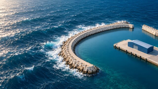 Aerial view of a protected harbor with stone breakwater and blue warehouse