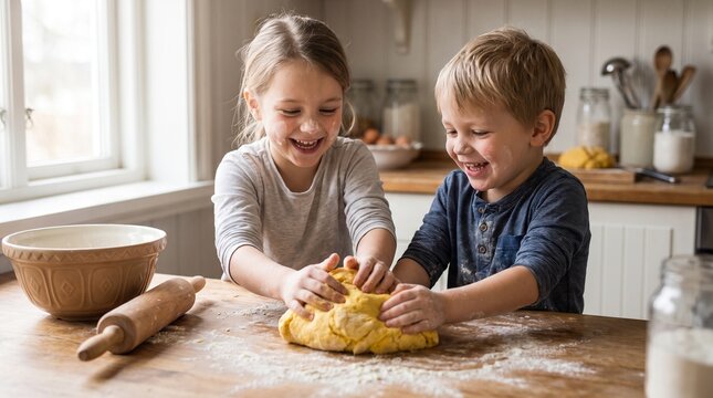 Happy children siblings baking and playing with dough in a bright kitchen, learning to cook homemade cookies with flour on their faces