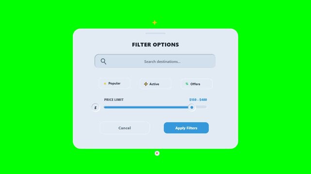 Digital user interface filter options panel with search bar and price slider