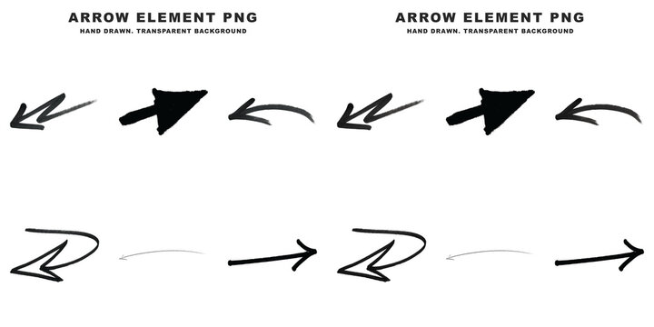 Hand drawn black arrow set isolated on transparent background featuring various directional pointers for creative digital graphic design projects
