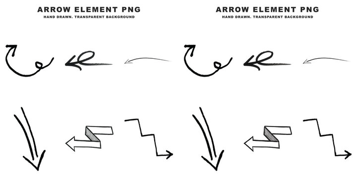 Hand drawn arrow set isolated on transparent background featuring various sketch style pointers for creative digital design layout projects