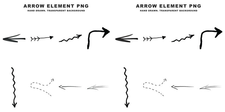 Hand drawn arrow set isolated on transparent background featuring various sketch style directional pointers for creative graphic design projects