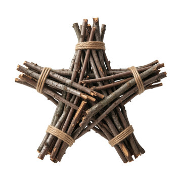 Rustic twig star tied with twine, isolated on transparent background