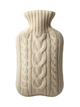 Hot water bottle in a cream cable knit cover, isolated on transparent background
