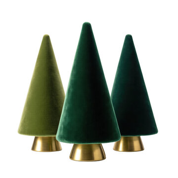 Green velvet cone trees on gold bases, isolated on transparent background