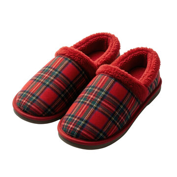 Red plaid slippers with fleece lining, isolated on transparent background