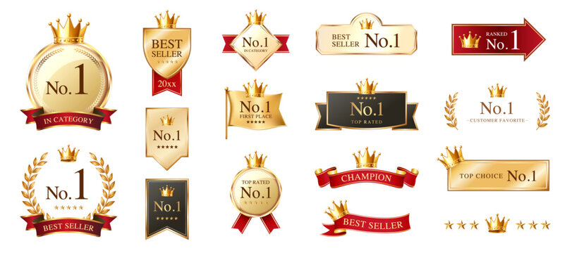 Luxury gold emblem vector set with crown laurel ribbon for No.1 ranking award badge