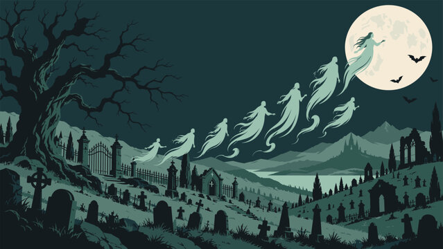 Flying Ghosts Over Haunted Gothic Graveyard Under Full Moon Halloween