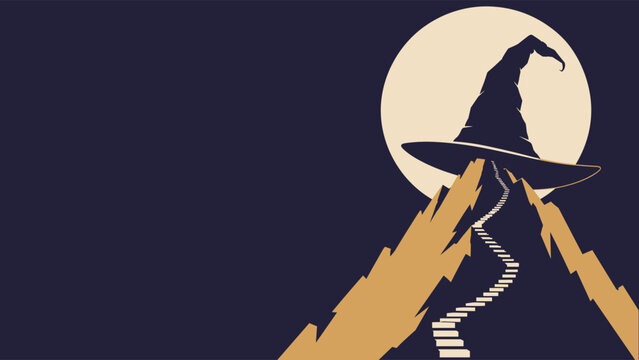 Giant Witch Hat on Mountain Peak with Winding Stairway and Full Moon Halloween