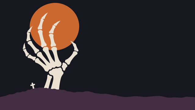 Skeleton Hand Rising from Grave Holding Orange Halloween Moon