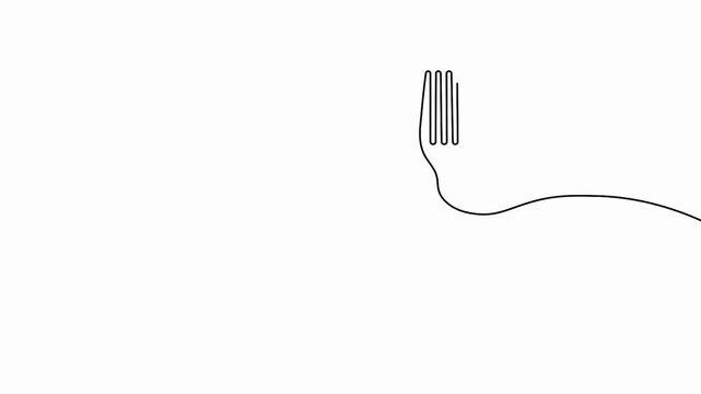 Line art animation video featuring a fork, plate, and knife being outlined with continuous strokes in 4k resolution.
