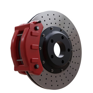 A drilled metal brake disk with a red caliper, car part isolated on white transparent