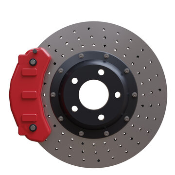 A drilled metal brake disk with a red caliper and bolted black hub front view, car part isolated on white transparent