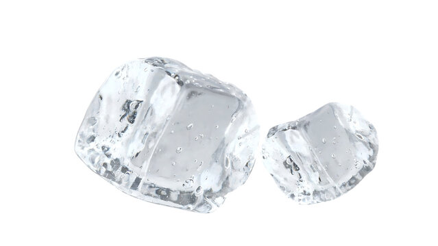 Two clear ice cubes rest against a white background displaying frozen water and refracted light chill cold crystal