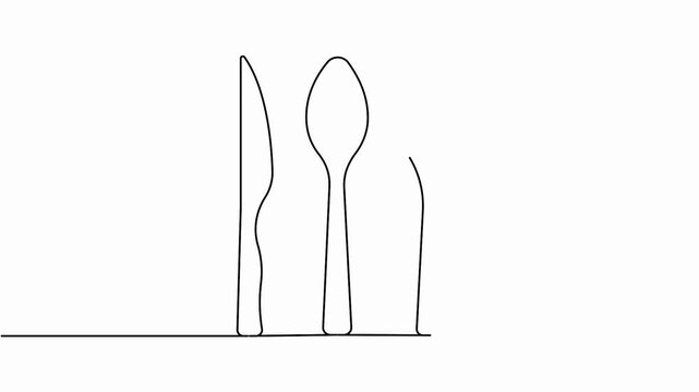 Line art cutlery animation video depicting a knife, spoon, and fork drawing outlines in 4K resolution.