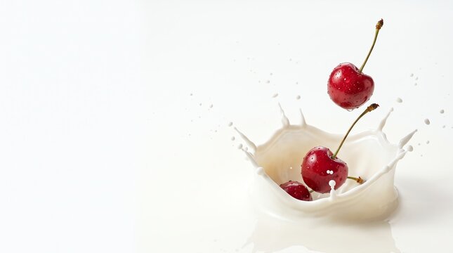 fresh red cherries dropping and splashing into white milk crown on clean background