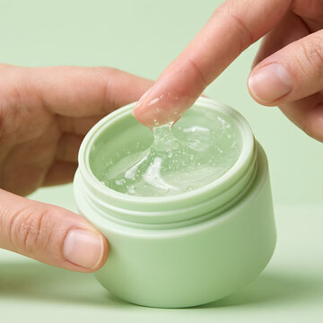 A close-up shot of a person's hand dipping a finger into a small jar of clear, light green moisturizing gel. The scene highlights the smooth, viscous texture of the skincare product against a clean...