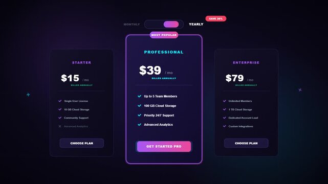 Modern dark mode website pricing table user interface with three subscription tiers and glowing buttons