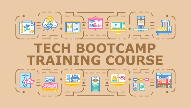 Tech bootcamp training course banner infographic. Career practice, javascript curriculum, coding data icon vector illustration