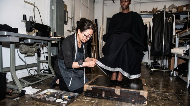 Hand finishing a silver hem during runway alteration