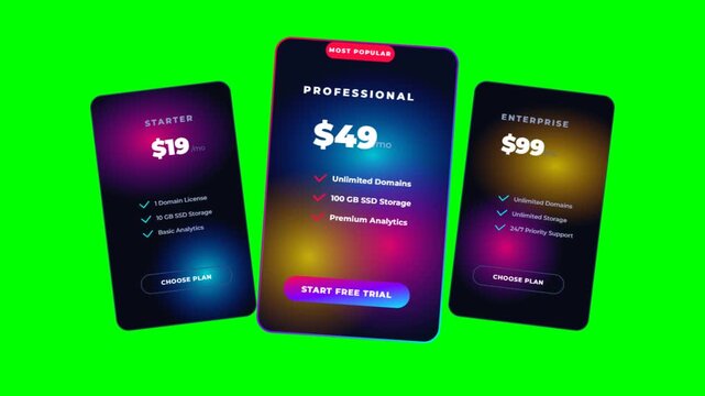 Pricing table user interface template showing three subscription options