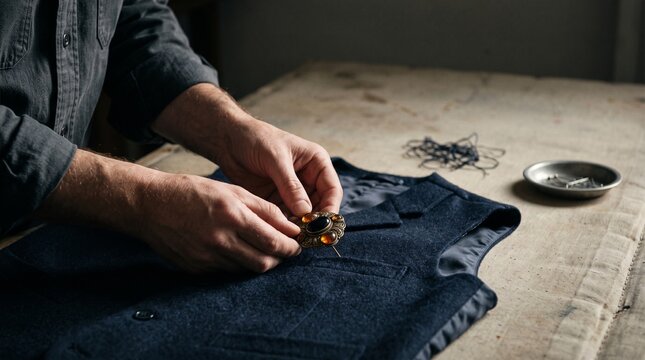 Hand fastening a brooch on a wool waistcoat